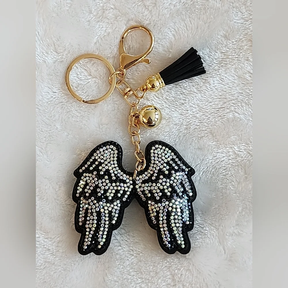 Elegant Black and Silver Angel Wing Keychain Bag Charm